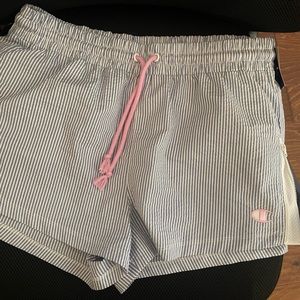 Seersucker Champion blue and white shorts.